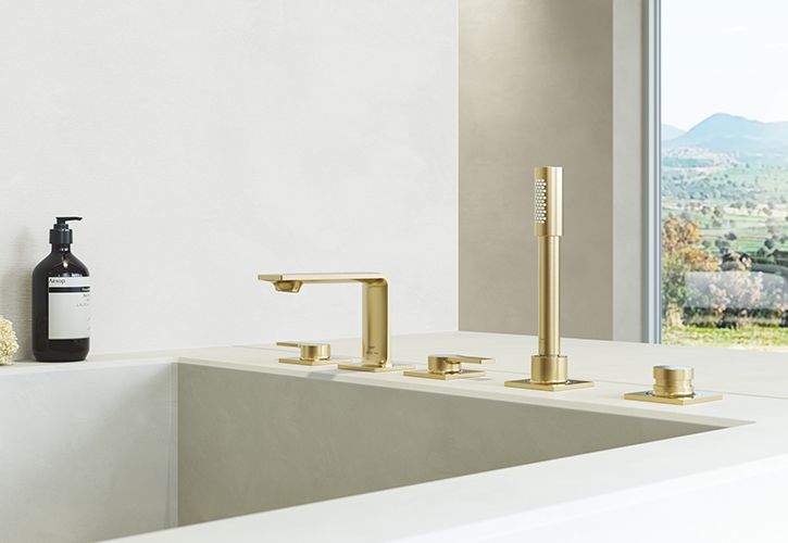 GROHE Allure four-hole deck-mounted bath filler and hand shower in Brushed Cool Sunrise