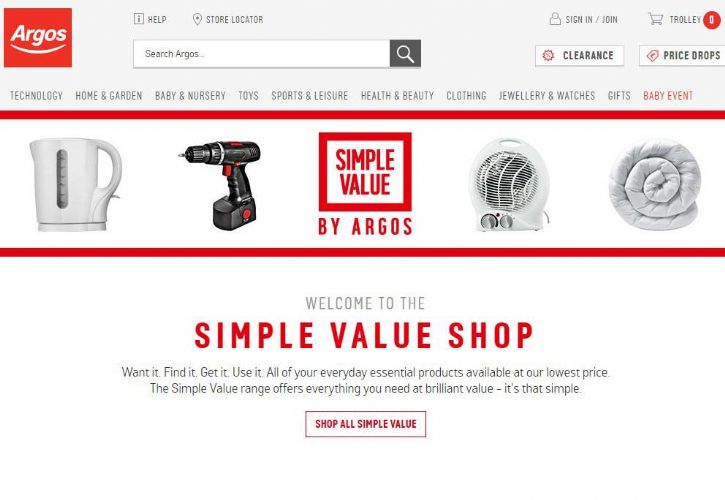 Argos Simple Value website screenshot 725 x 500